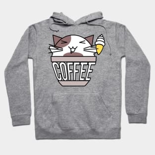 Cat in coffee cup with warped text holding ice cream white and brown Hoodie